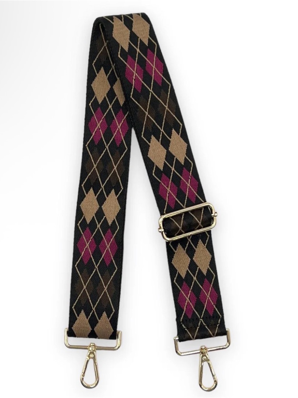 Adhorned Argyle Pattern Adjustable Bag Strap in Black, Tan & Magenta